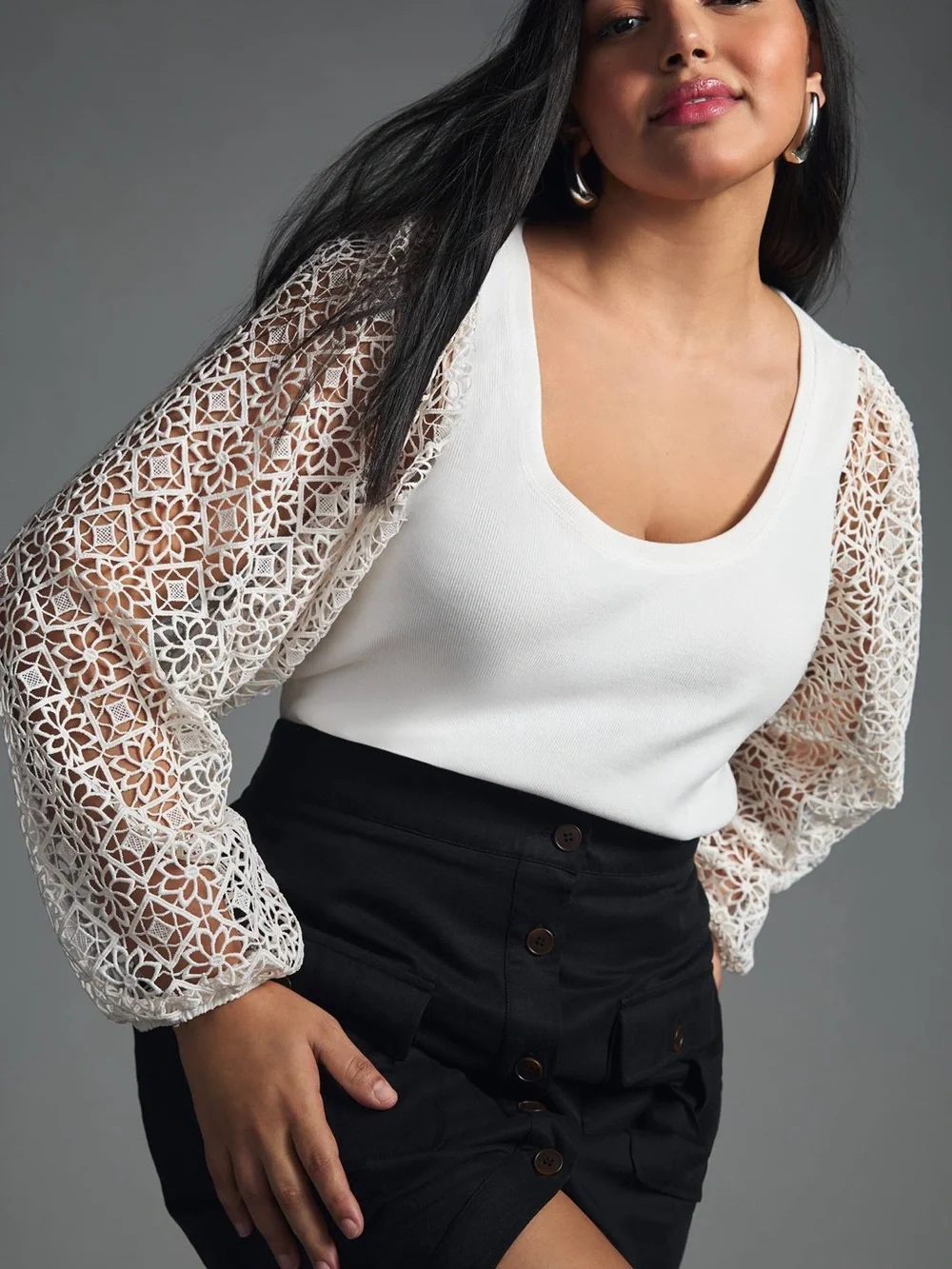 Anthropologie Maeve Lace-Sleeve Ribbed Top - White